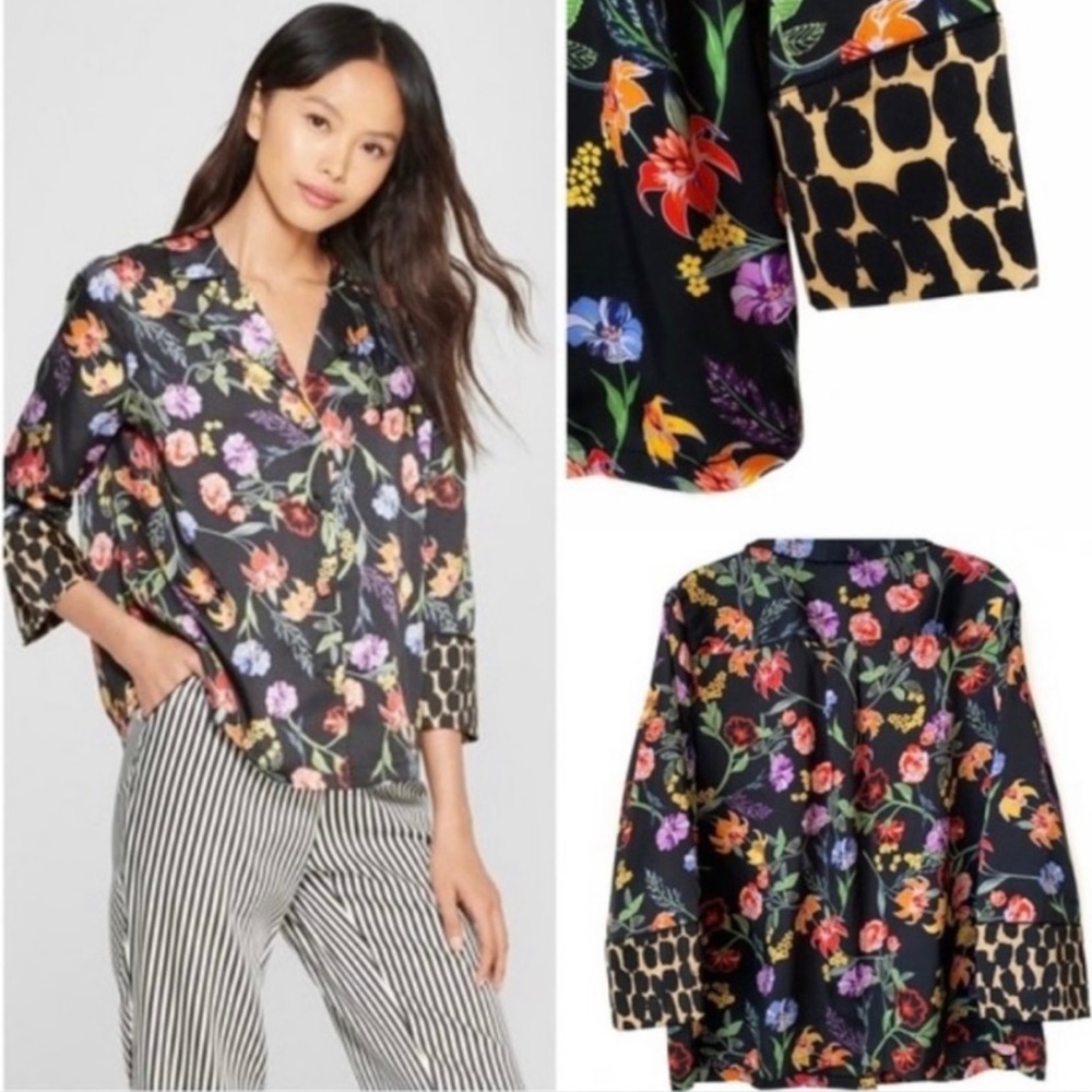 Who What Wear Black Floral Satin Oversized Pajama Button Down Blouse Size XS